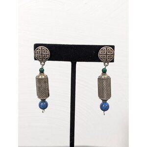 Vintage Celtic Knot Blue Green Stone Long Dangle Earrings Silver Tone